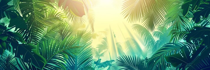 Illustration of a wild tropical jungle in muted green colors, , bright sun rays penetrating through palm trees and plants, banner