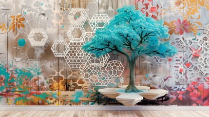 Oak wood and white lattice backdrop, detailed with a turquoise tree and vibrant hexagonal designs.