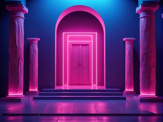  Ancient Greek-style pillars three podiums and a door on blue pink violet neon, ultraviolet light, night club empty room interior design, tunnel or corridor, glowing panels 