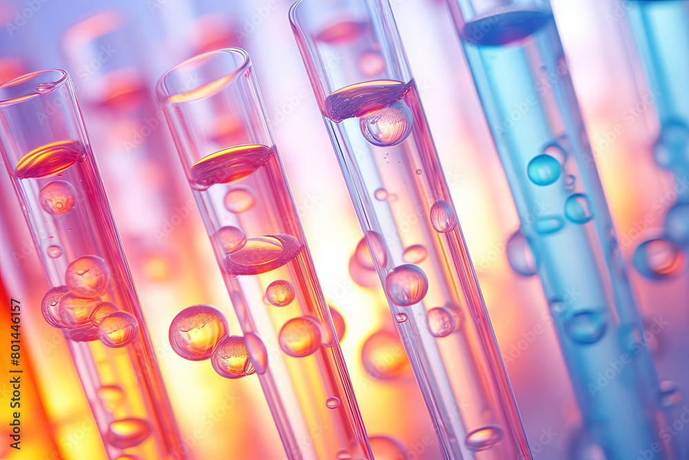 Poster pink holographic bubbles floating on the soft colorful abstract background in beautiful vivid tones.