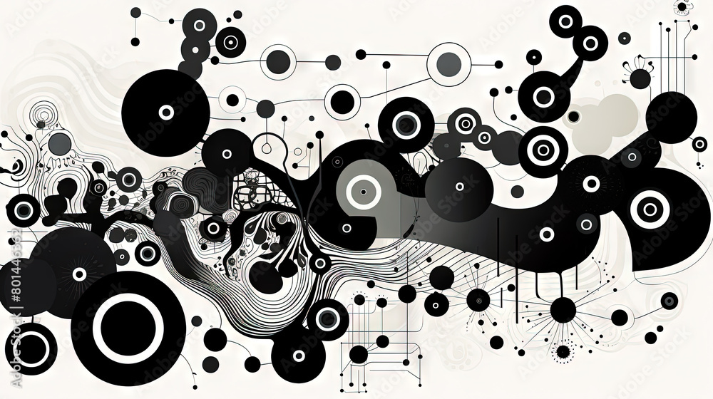 Poster geometric abstract background with black dots, circles and lines.