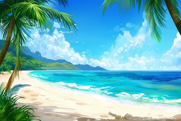 Tropical Beach Scene, Perfect for travel agencies, resorts, and tourism websites. Features palm trees, white sand, and vibrant blue ocean, inviting viewers to paradise. Generative AI.