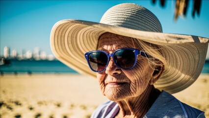 Old woman in sunglasses and a hat with a large brim.