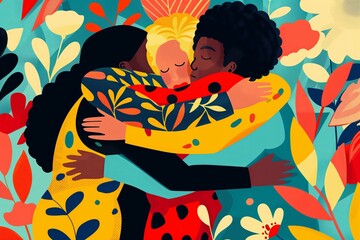 flat illustration of a diverse group of people hugging in a group hug, abstract vibrant visual