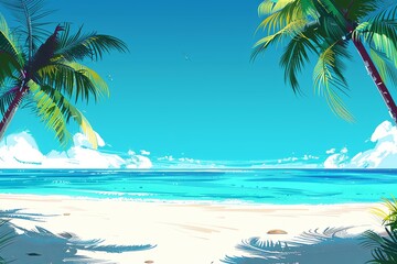Obraz premium Tropical beach scene with palms and blue ocean. Perfect for travel agencies, resorts, and tourism websites. Features white sand and vibrant blue waters. Generative AI.