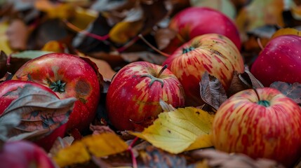 Autumn's Harvest: A Close-Up Study of Decaying Apples Amidst Fallen Leaves