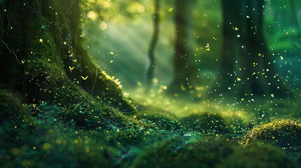 Enchanted woodland glen with sparkling emerald particles dancing amidst a softly blurred setting, evoking a sense of magic and wonder amidst the ancient trees and mossy rocks.