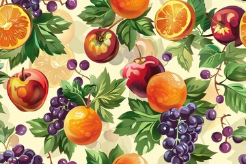 Vibrant and colorful fruit ornament perfect for fresh fruit and juice producers. showcases a variety of fruits, including apples, oranges, and grapes, vibrancy to any design or project. Generative AI.