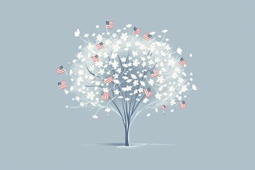 minimalistic flat illustration of white flower bouquet decorated with USA flags