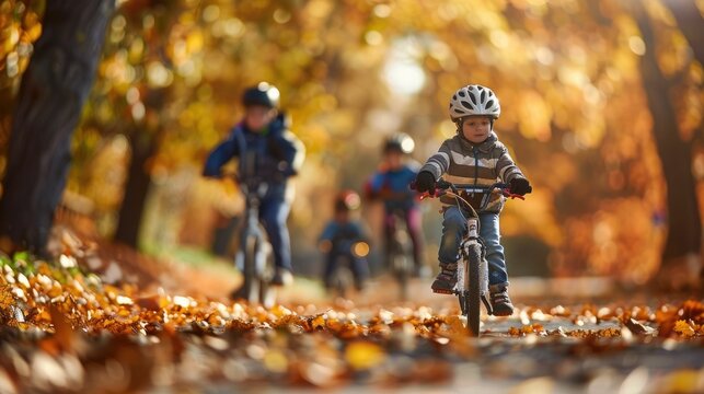 The picture of the children riding the bicycle while wearing the protection on the helmet for safety, riding the bike require skill the training, experience, balance, endurance and awareness. AIG43.