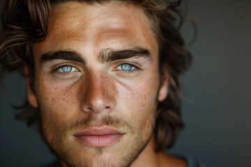 Obraz premium Close up portrait of a handsome young man with long curly hair