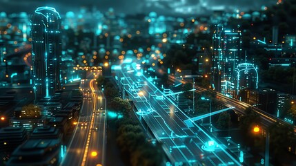 A cityscape with tall buildings and neon lights