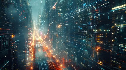 Obraz premium A cityscape with tall buildings and neon lights