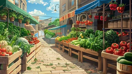Vegetable Market, Ideal for producers of fresh vegetables and greens. The background can depict market stalls with tomatoes, cucumbers, and peppers, Generative AI.