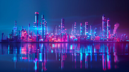 Futuristic Neon Cityscape Reflection. Stunning digital artwork of a futuristic cityscape glowing with neon lights and reflected beautifully in tranquil water beneath a night sky.