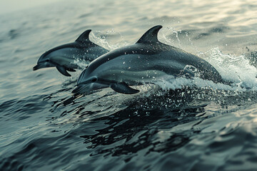A pair of dolphins leaping gracefully out of the water, their sleek bodies glistening in the sunlight.