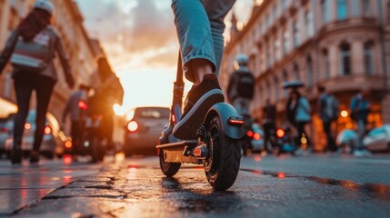 A group of people riding scooters on a busy city street