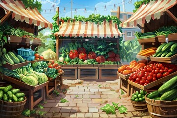 A vibrant vegetable market scene, perfect for fresh produce vendors and food markets. Colorful market stalls overflowing with tomatoes, cucumbers, and peppers create a lively backdrop. Generative AI.