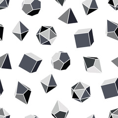 Seamless pattern of grayscale dice for DND role playing games with four, six, eight, twelve and twenty sides. Dice for the game Dungeons and Dragons in grayscale on white background.