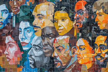 Mosaic of human faces in different colors