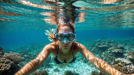 Naklejka premium Adventurous woman snorkeling in crystal clear water fish swirling coral reef vibrant underwater wonder