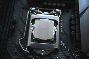 Close-Up View of CPU on Motherboard. Central Processor Detail
