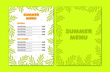 Orange green brochure, menu template with sample text,vector illustration of hand draw tropical leaves.Copy space.Summer special menu.Minimalism