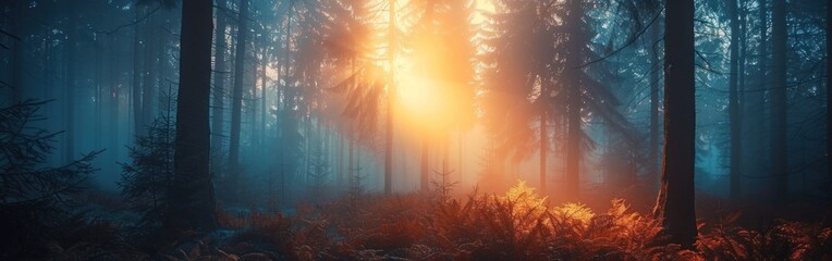 Bright sunlight filters through dense forest trees