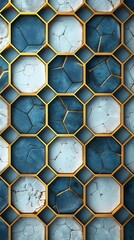 Create a seamless hexagonal pattern with a marble texture and gold outlines. The marble should be blue and white.