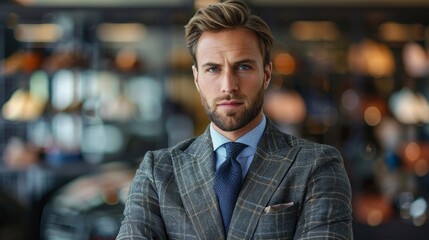 Obraz premium A man in a suit stands in front of a rack of clothes