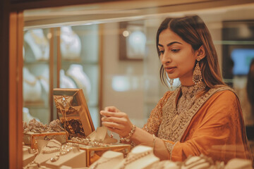 Young indian woman looking and touching jewelery at shop