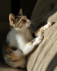 A domestic cat scratching the sofa