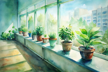 Leading Line from Potted Plants Lining Sunny Office Window Ledge
