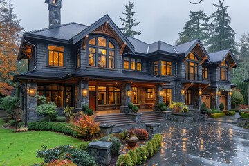 Naklejka premium An elegant and large house in the middle of Vancouver, Canada with dark wood vertical paneling on its exterior walls and windows. Created with Ai