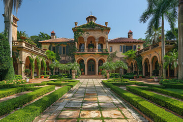 A photograph shows the front view of an elegant Spanish colonial style mansion in Miami. Lush green hedges and ornate architecture decorate the mansion. Created with Ai