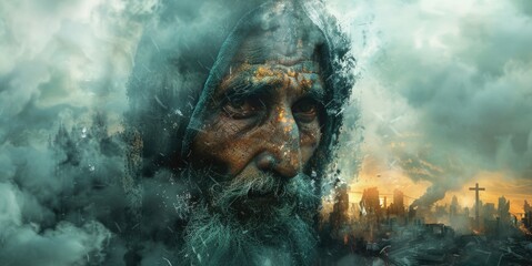 An old bearded sad man against the background of crosses and destroyed buildings in smoke. The theme of personal crisis, war, loss, poverty, depression.