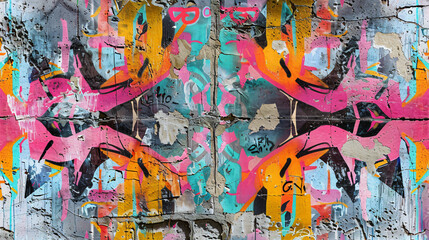 A vibrant pattern of colorful graffiti art layered on a  concrete wall, showcasing urban street art.