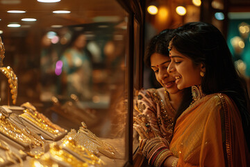 Two women are looking up at a display of jewellery.