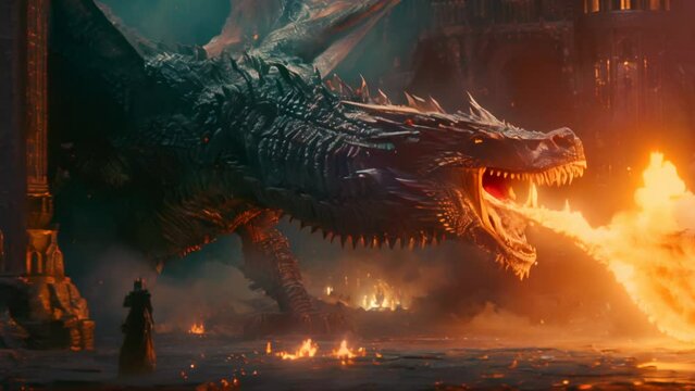 Fantasy dragon breathing fire in dark dungeon animation