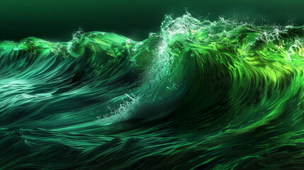 Visualize a deep emerald green wave, its surface rippling with energy and vibrant hues that suggest both depth and motion. This wave captures the essence of a lush, verdant ocean.