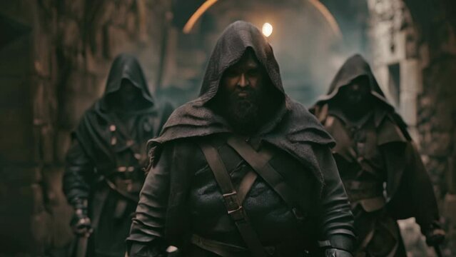 Thieves escaping a dark dungeon under a medieval city wearing leather armor fantasy animation