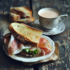 photo with a sandwich with prosciutto and a cup of coffee with milk