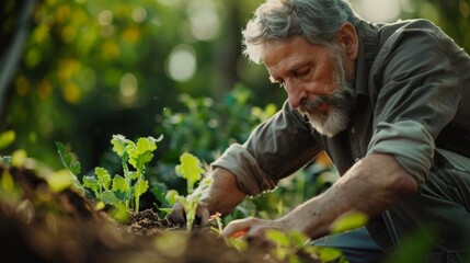Elderly Man Embraces Green Living by Planting Native Plants in Backyard with Sustainable Methods