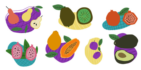 Sweet fruits. Vector cartoon flat set. Dragon fruits, pear, avocado, plum, kiwi, pomegranate.