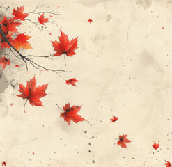 A seamless pattern of red maple leaves on a light beige background, textured with watercolor splashes and paint drips, Impressionism meets Art Nouveau. Created with Ai
