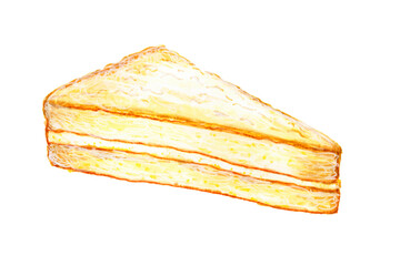 Piece of cottage cheese cake drawn by hand with colored markers. Sketch illustration of sweet food isolated on white background.