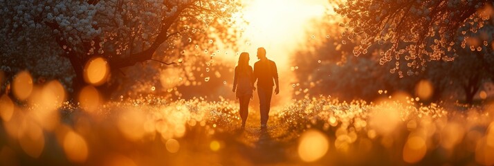 In the enchanting glow of sunset, a loving couple shares a romantic embrace amidst the beauty of spring nature. - Powered by Adobe