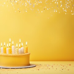Yellow background with birthday cake with candles pastel backdrop empty blank copyspace for design text photo website web banner backdrop texture 