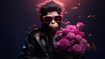 Cool hyperrealistic cyberpunk male monkey ape animal character holding big bouquet of pink flowers on minimal dark background. Modern pop art illustration