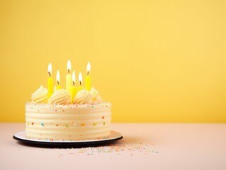 Yellow background with birthday cake with candles pastel backdrop empty blank copyspace for design text photo website web banner backdrop texture 